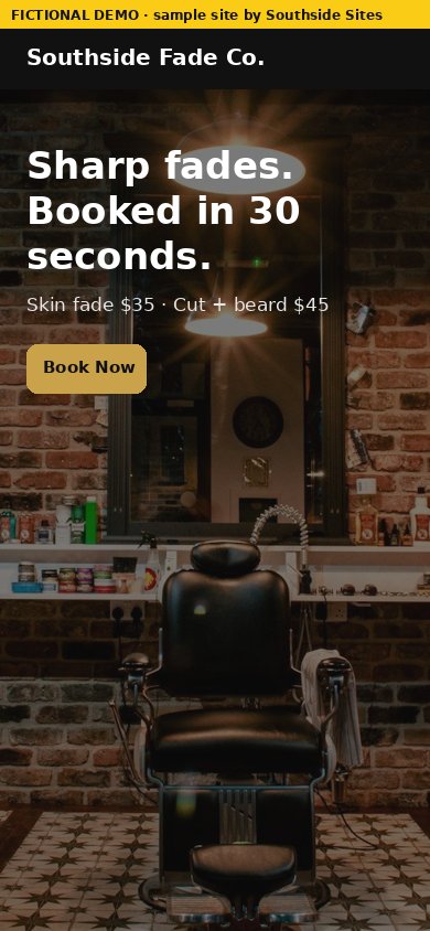 barbershop demo site, phone view