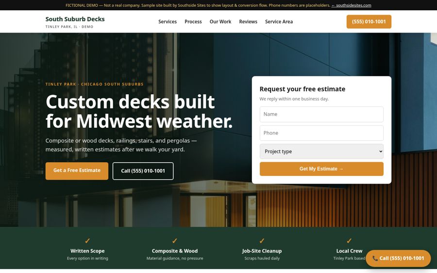 Deck builders demo site, desktop view