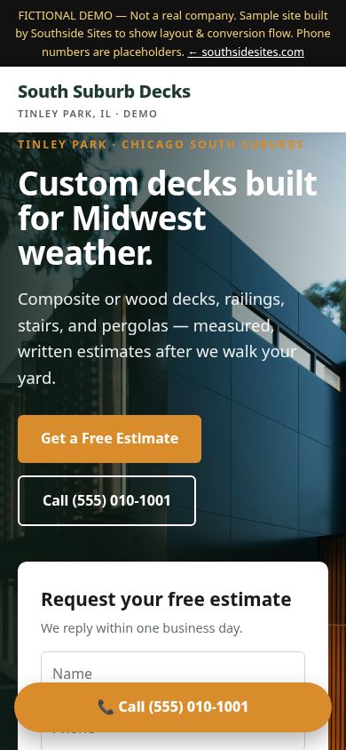 Deck builders demo site, phone view