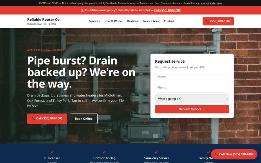 Plumbers demo site, desktop view