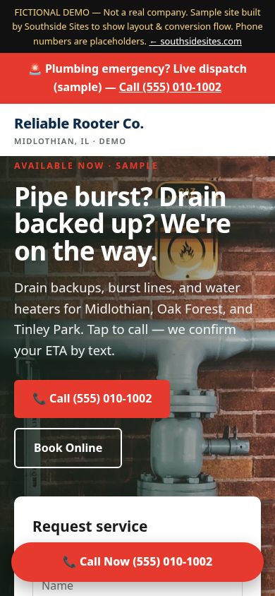 Plumbers demo site, phone view