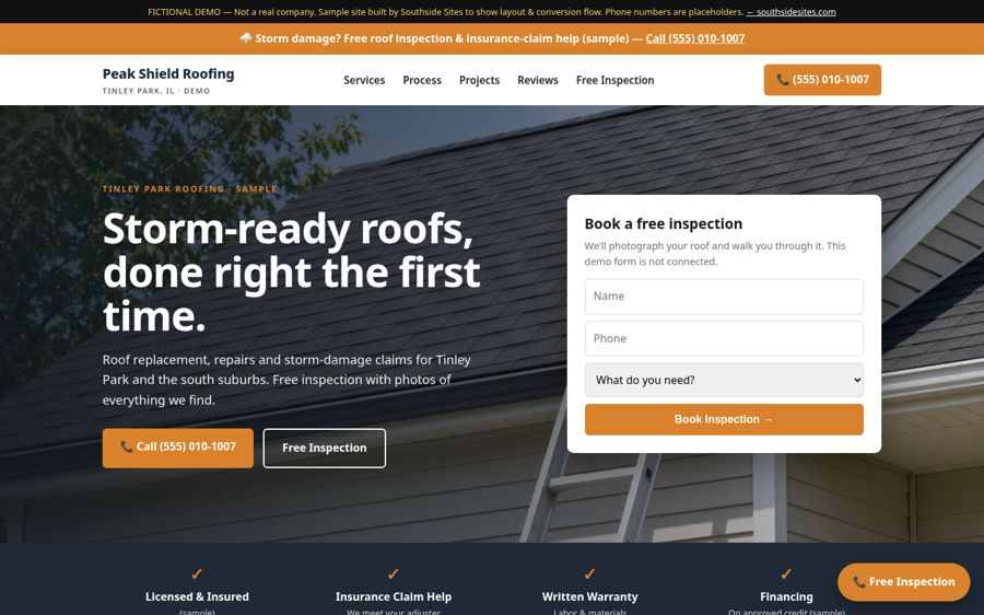 Roofers demo site, desktop view