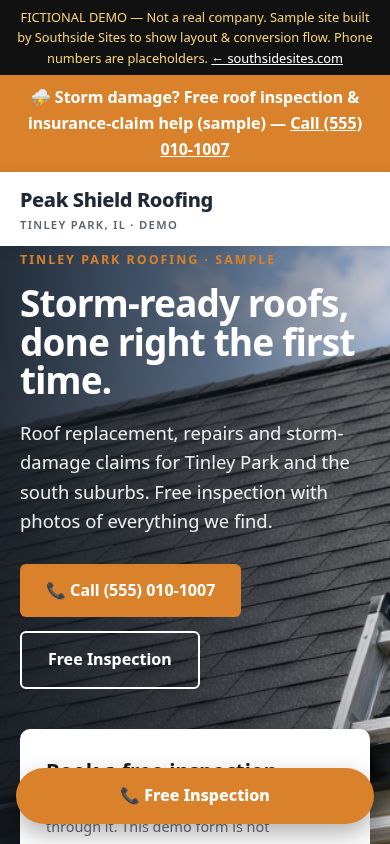 Roofers demo site, phone view